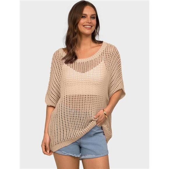 Womens Summer Short Sleeve Crochet Tops Khaki - Picture 1 of 5